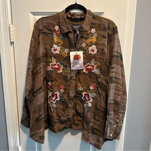 Johnny Was Silk Camouflage Shirt with Floral Embroidery NWT Large